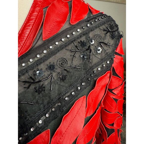 VTG Artsty Mesh Red Black Leather Leaf Applique Studded Designer Jacket Lg Read - Picture 3 of 12
